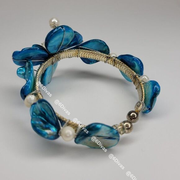 BLUE Sea Shell and Pearl Adjustable Cuff Bracelet - Picture 9 of 9
